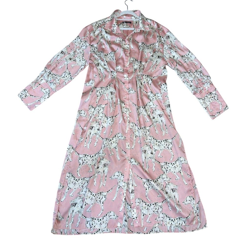 Zara Pink Dalmatian Print Satin Midi Shirt Dress Long Sleeve Side Slit Large